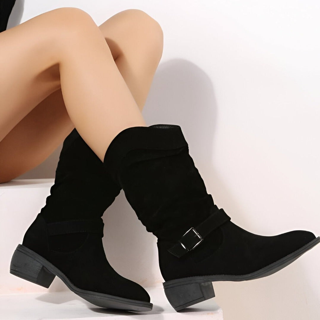 NOUVEAU RICHE Damen Stiefel Kunstwildleder Kurz Plüsch Warm Weich Fußbett