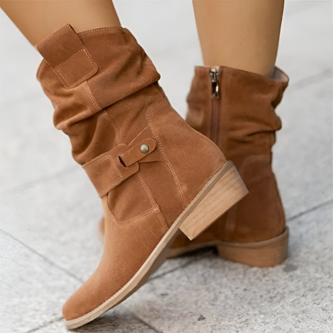 NOUVEAU RICHE Damen Stiefel Kunstwildleder Kurz Plüsch Warm Weich Fußbett Braun