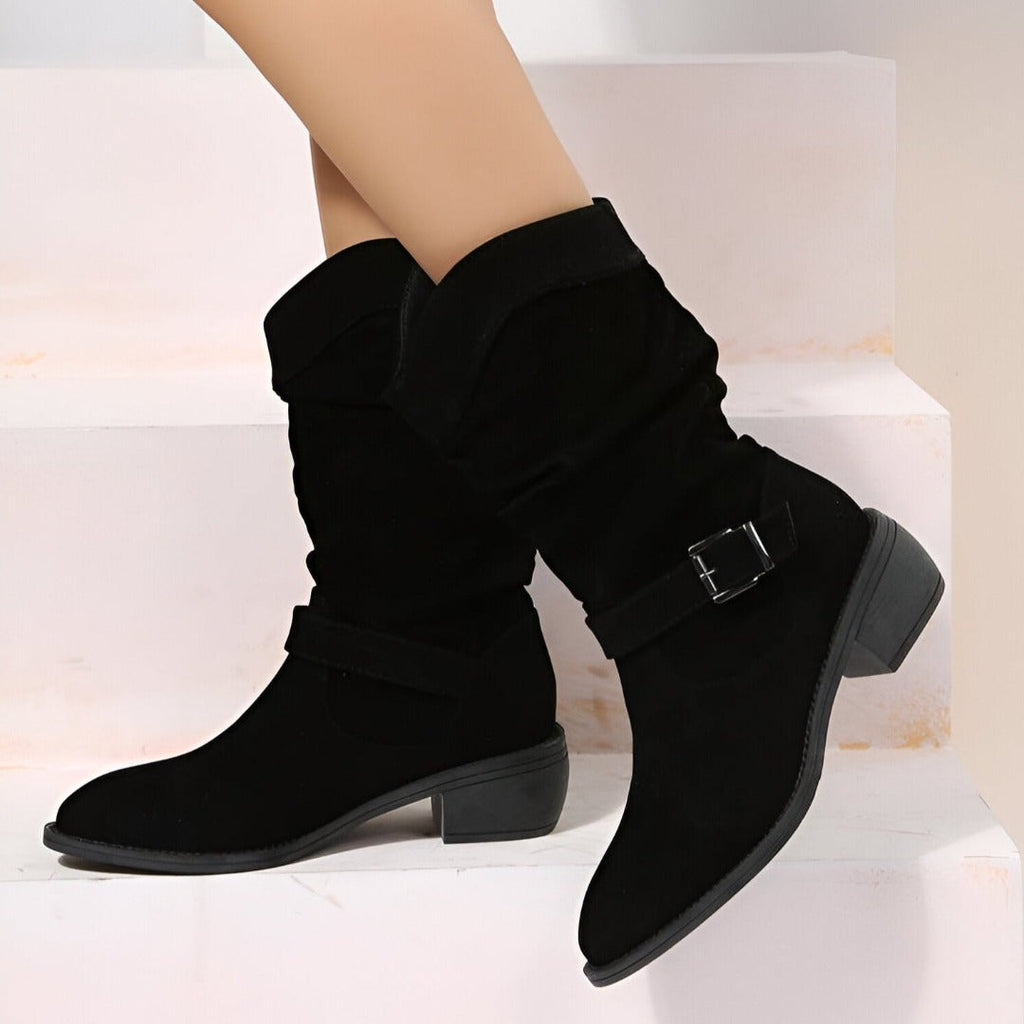 NOUVEAU RICHE Damen Stiefel Kunstwildleder Kurz Plüsch Warm Weich Fußbett Schwarz