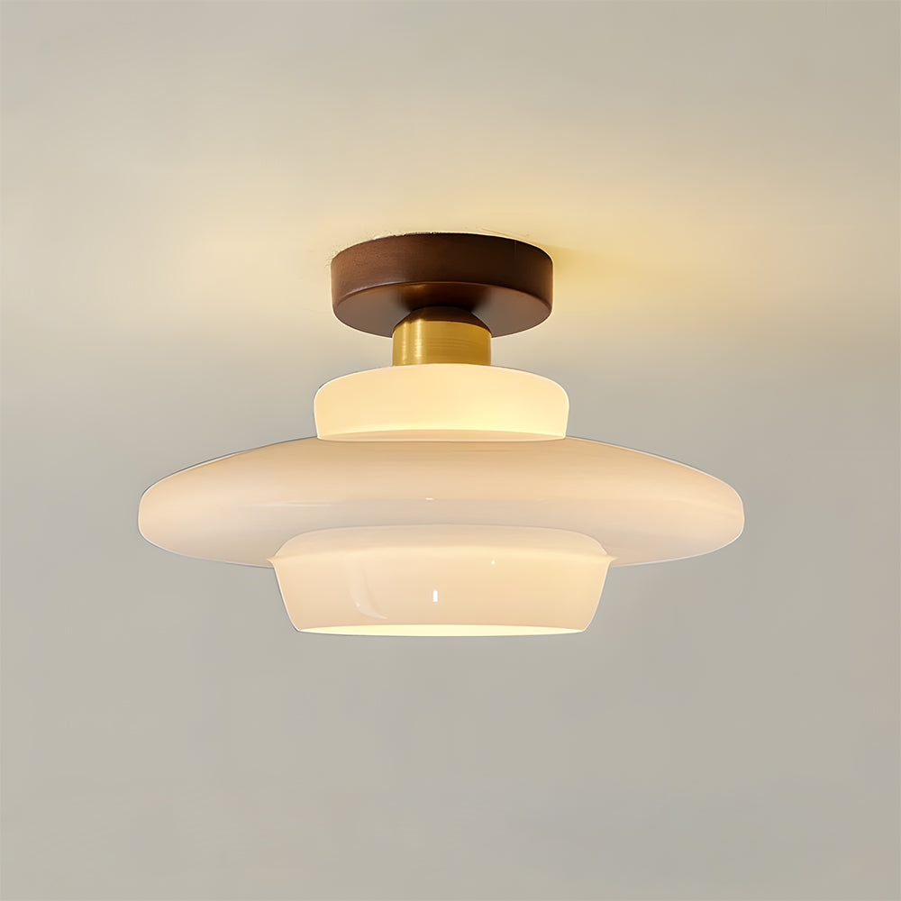 NOUVEAU RICHE Deckenleuchte aus Holz und Glas – Skandinavische Deckenlampe mit E27 & LED-Leuchtmittel, für Flur, Küche & Esszimmer, 3 Grössen Cremeweiss & Kupfer C - ⌀ 32 cm × H 20 cm - 16W