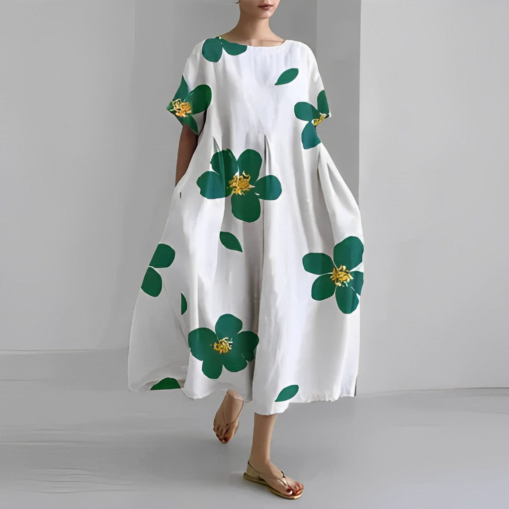 NOUVEAU RICHE Kleid Damen Bedrucktes Baumwollkleid Blumendruck Sommer Grüne Blumen