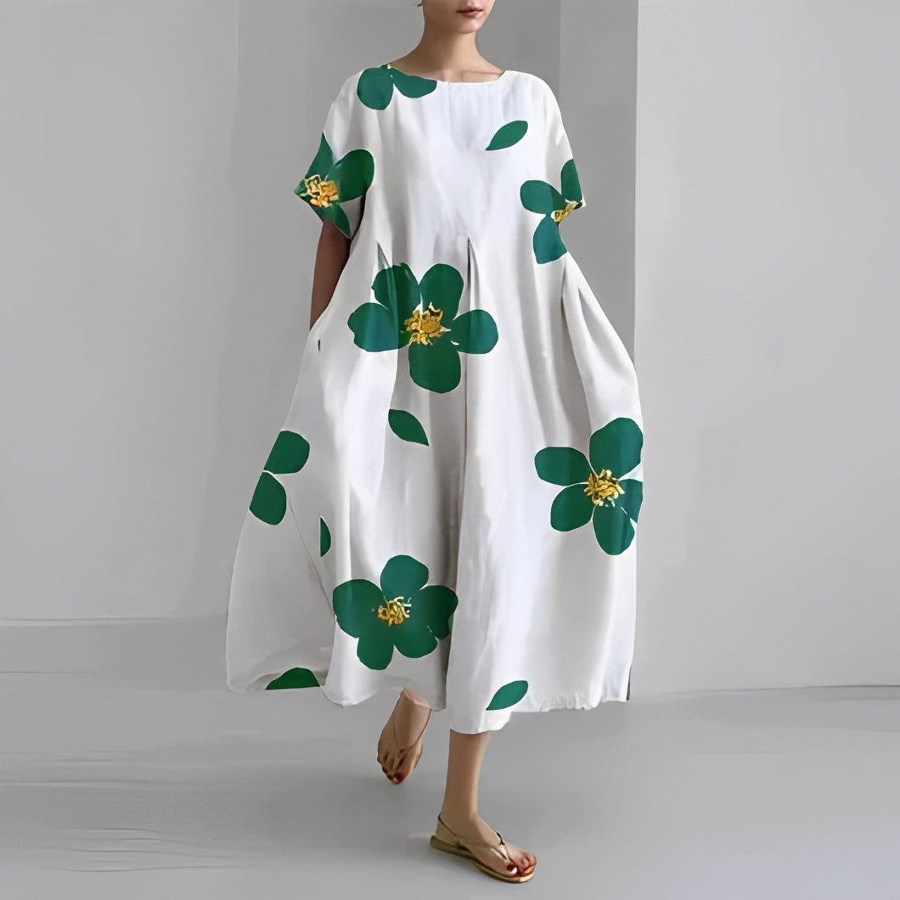 NOUVEAU RICHE Kleid Damen Bedrucktes Baumwollkleid Blumendruck Sommer Grüne Blumen