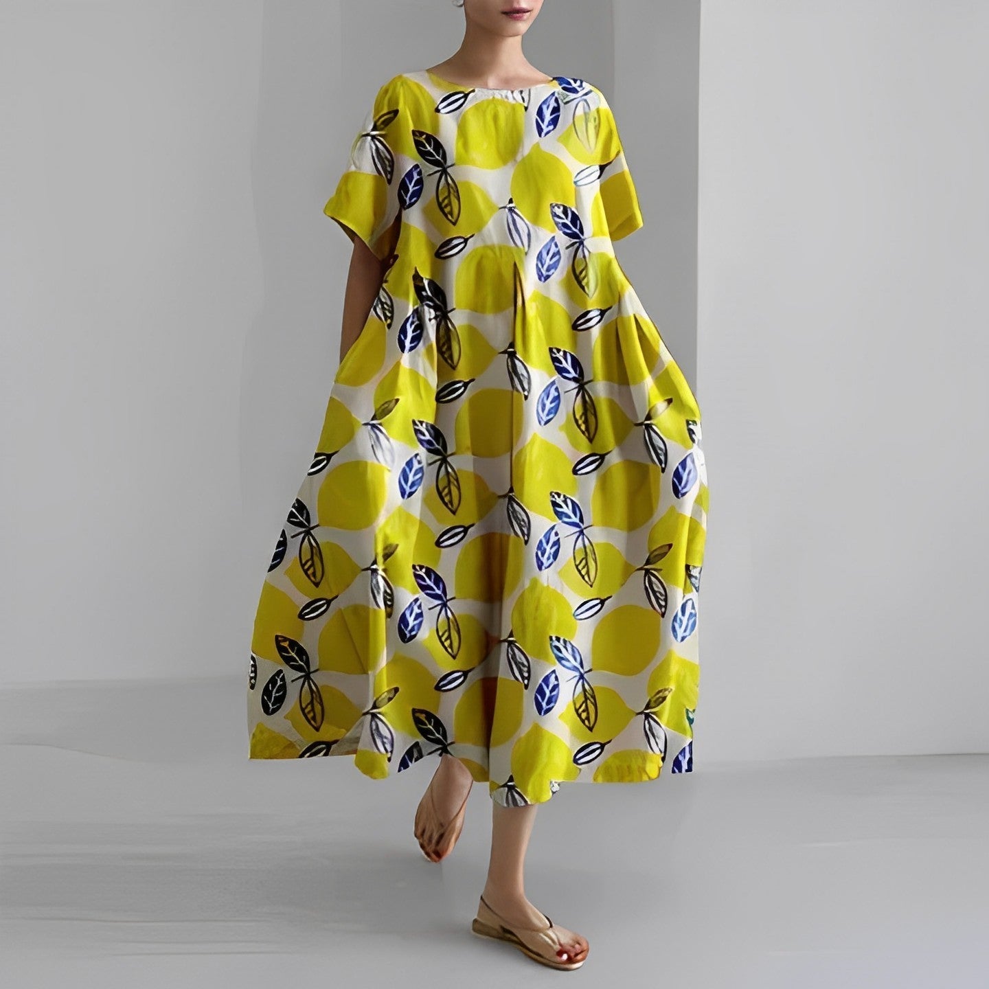 NOUVEAU RICHE Kleid Damen Bedrucktes Baumwollkleid Blumendruck Sommer Zitronenblatt