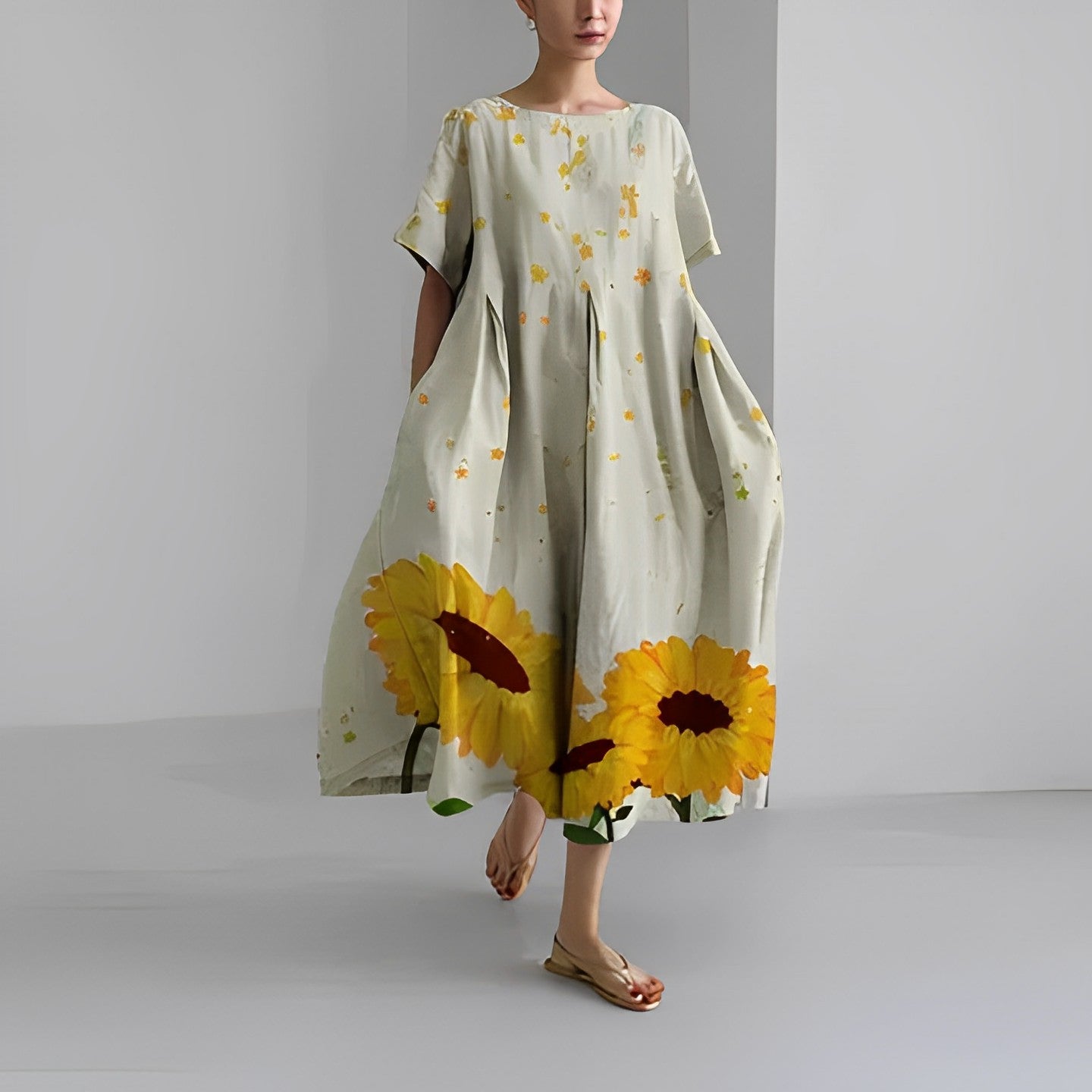 NOUVEAU RICHE Kleid Damen Bedrucktes Baumwollkleid Blumendruck Sommer Sonnenblume