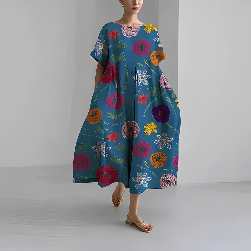 NOUVEAU RICHE Kleid Damen Bedrucktes Baumwollkleid Blumendruck Sommer Blau