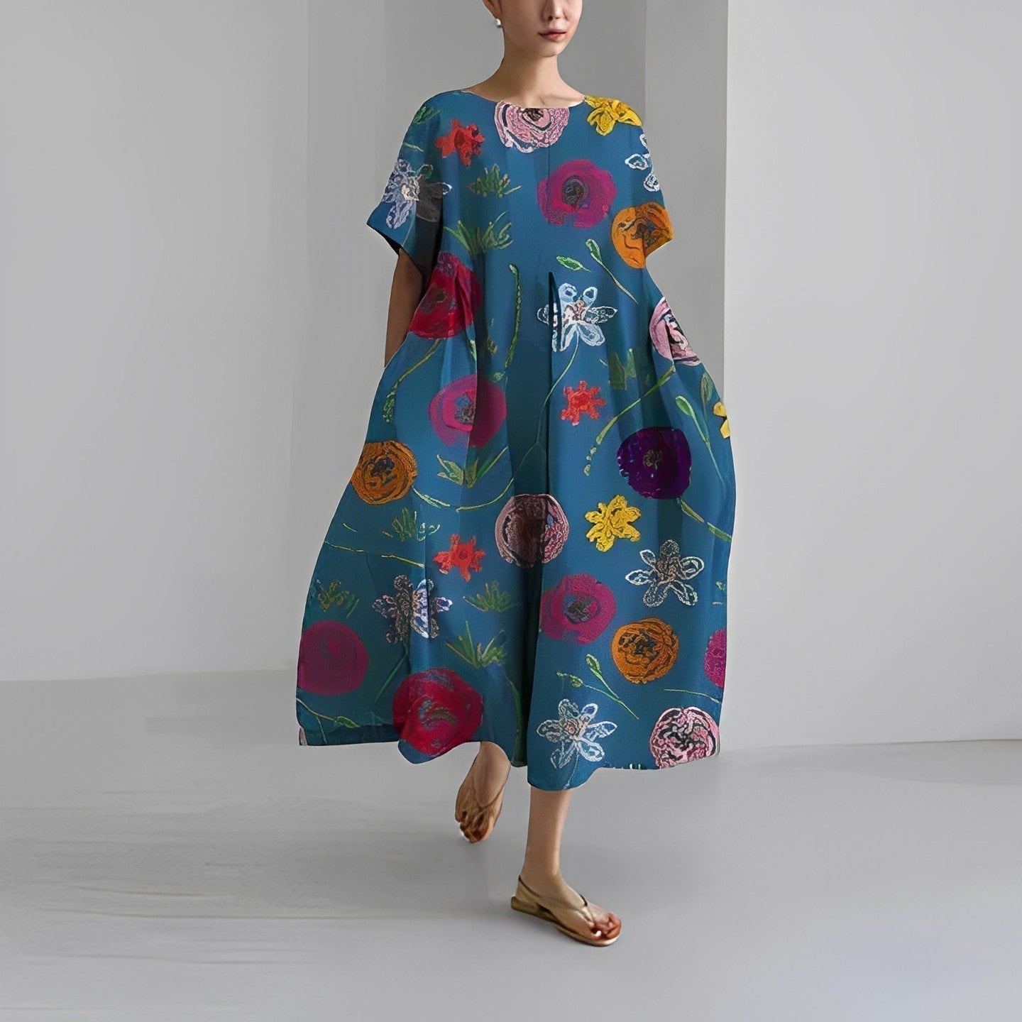 NOUVEAU RICHE Kleid Damen Bedrucktes Baumwollkleid Blumendruck Sommer Blau