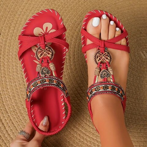 NOUVEAU RICHE Damen Boho-Sandalen – Flache Sohle & Natürlicher Ethno-Look Rot