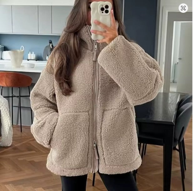 NOUVEAU RICHE Lammwolljacke Damen Fleecejacke Stehkragen Verschluss Kaffee