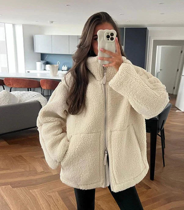 NOUVEAU RICHE Lammwolljacke Damen Fleecejacke Stehkragen Verschluss Beige