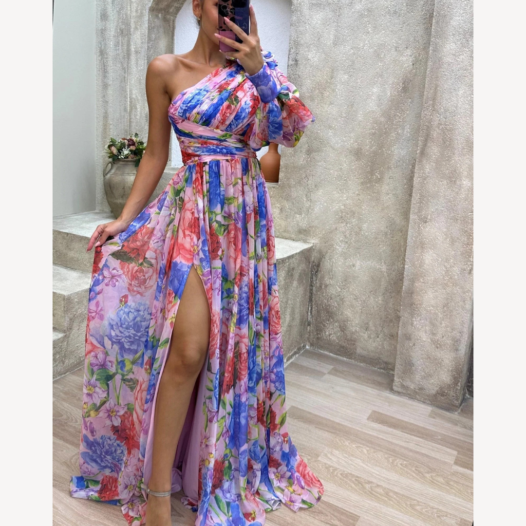 NOUVEAU RICHE Damen One-Shoulder-Abendkleid – Blütenprint & Asymmetrischer Schnitt Lila