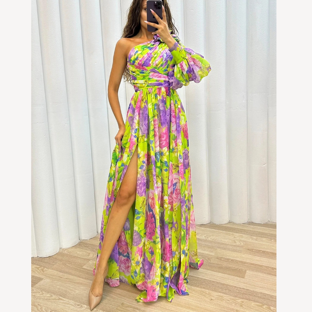 NOUVEAU RICHE Damen One-Shoulder-Abendkleid – Blütenprint & Asymmetrischer Schnitt Gelb