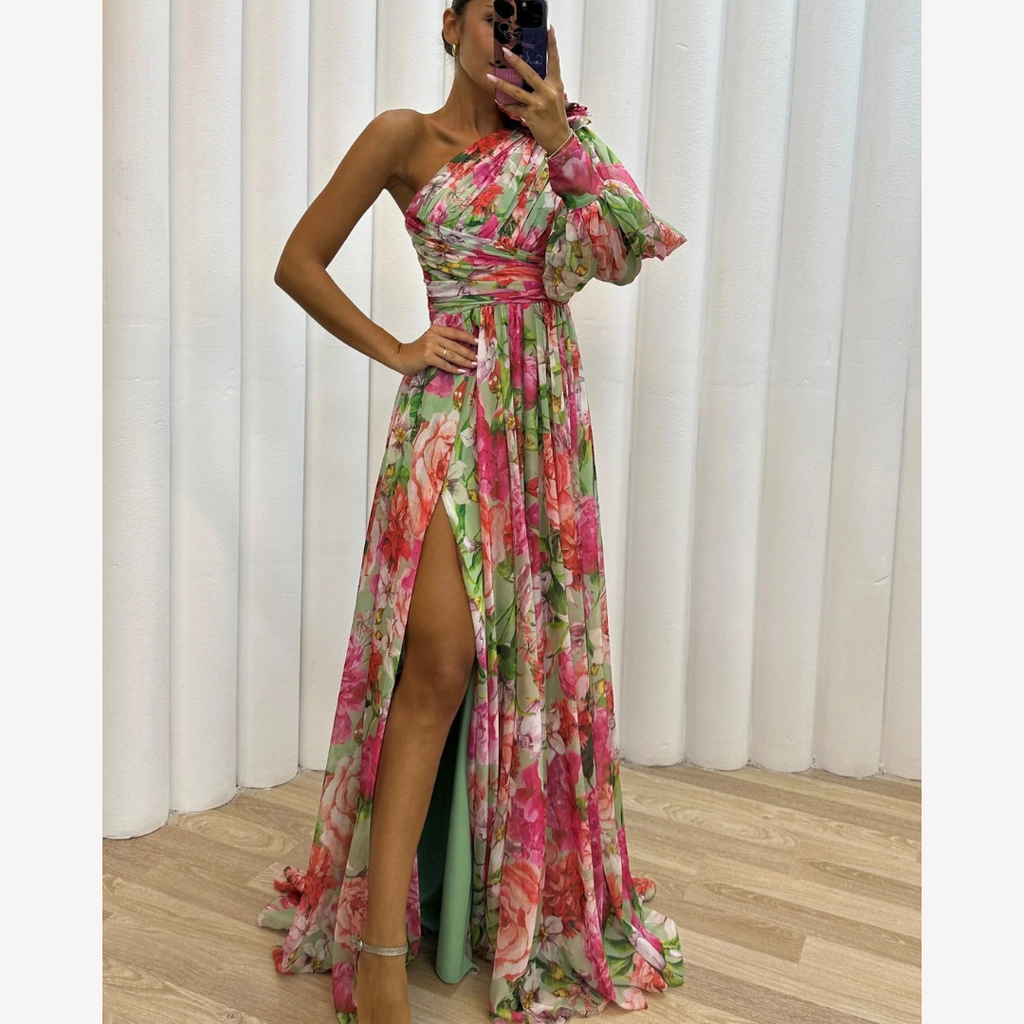 NOUVEAU RICHE Damen One-Shoulder-Abendkleid – Blütenprint & Asymmetrischer Schnitt Rosa