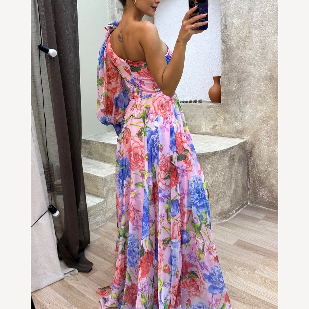NOUVEAU RICHE Damen One-Shoulder-Abendkleid – Blütenprint & Asymmetrischer Schnitt