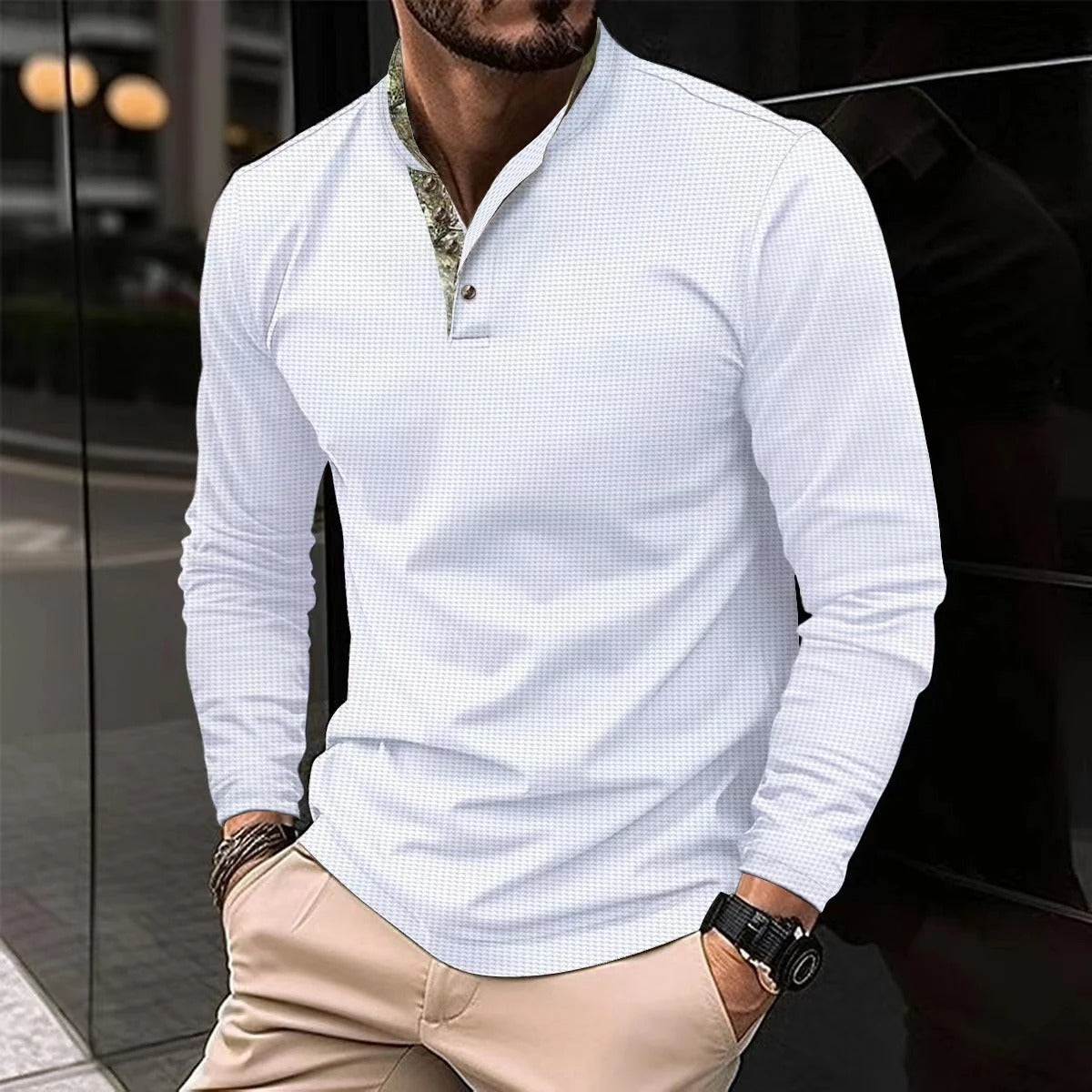 NOUVEAU RICHE Langarm Poloshirt Herren Strickpullover Weiche Baumwolle Weiß