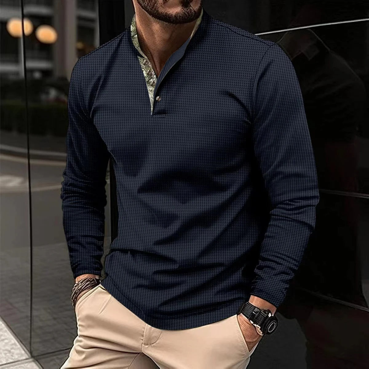 NOUVEAU RICHE Langarm Poloshirt Herren Strickpullover Weiche Baumwolle Marineblau