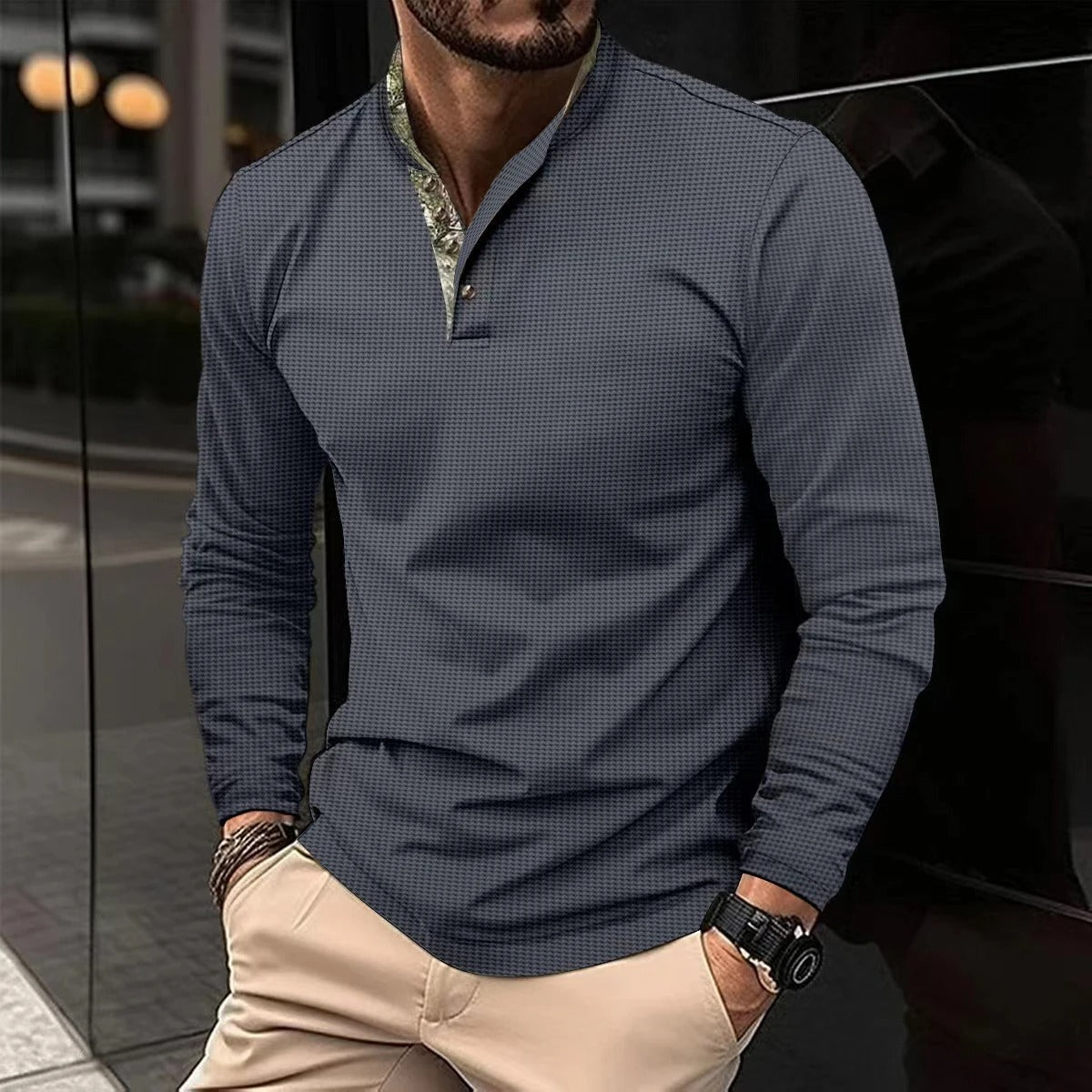 NOUVEAU RICHE Langarm Poloshirt Herren Strickpullover Weiche Baumwolle Grau