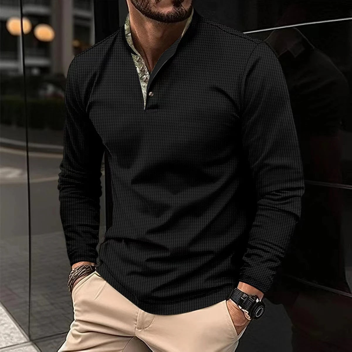 NOUVEAU RICHE Langarm Poloshirt Herren Strickpullover Weiche Baumwolle Schwarz