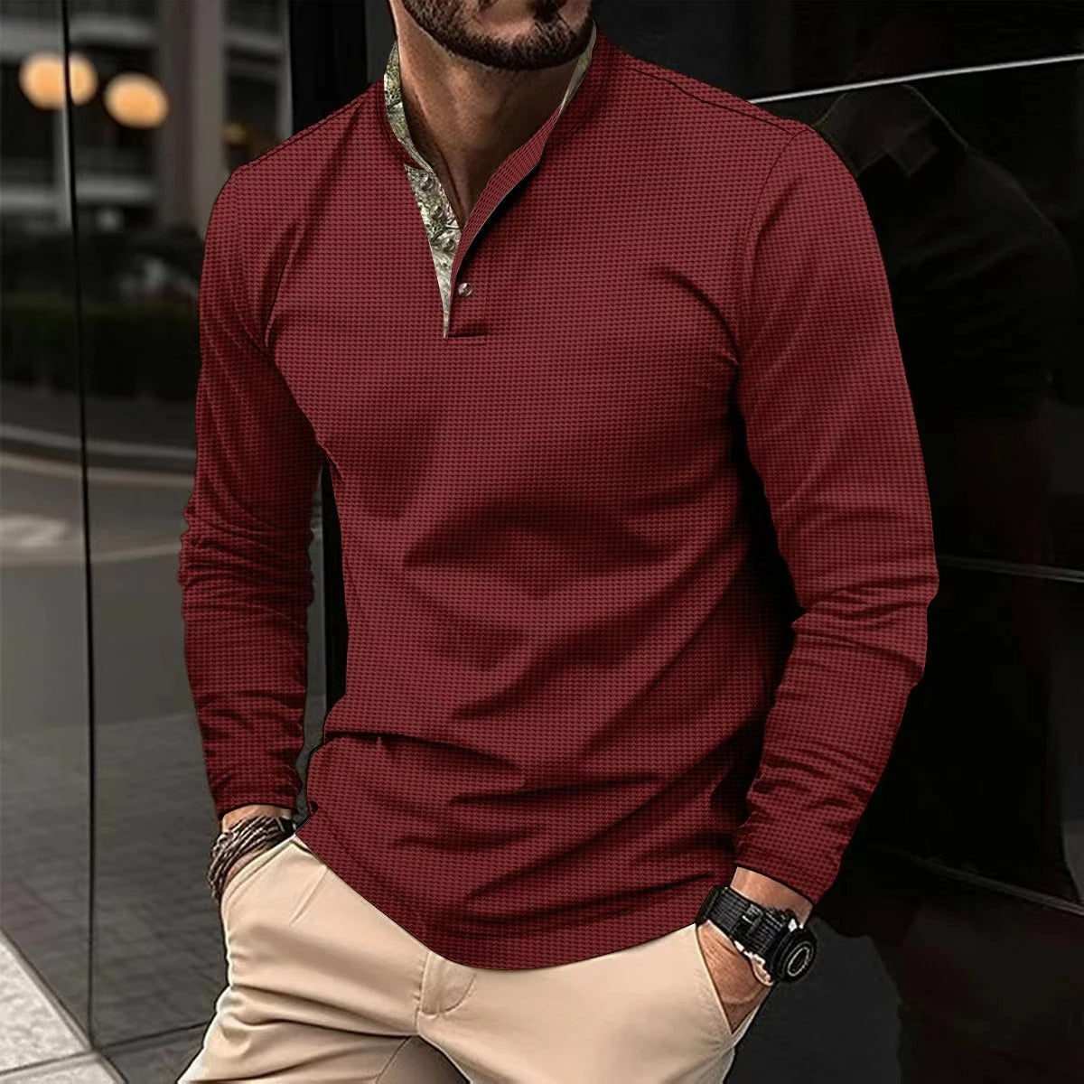 NOUVEAU RICHE Langarm Poloshirt Herren Strickpullover Weiche Baumwolle Rot