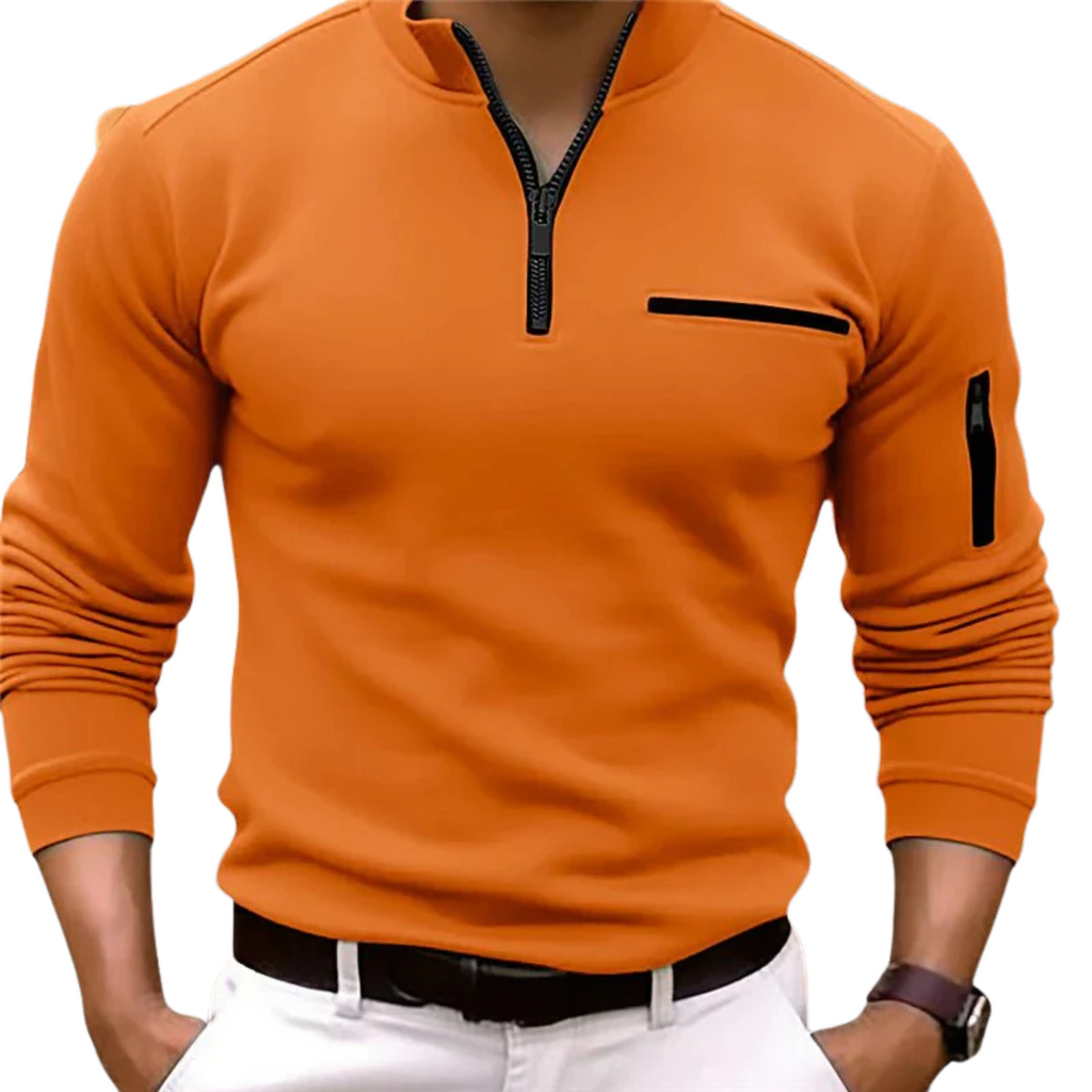 NOUVEAU RICHE Langärmliges Poloshirt Für Herren Mit Viertelreißverschluss Orange