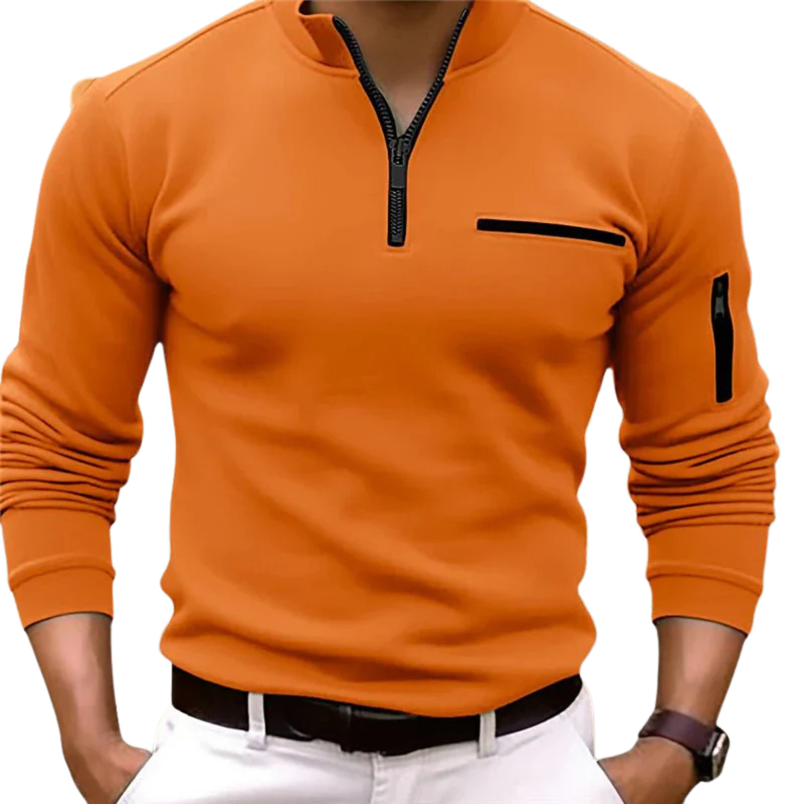 NOUVEAU RICHE Langärmliges Poloshirt Für Herren Mit Viertelreißverschluss Orange
