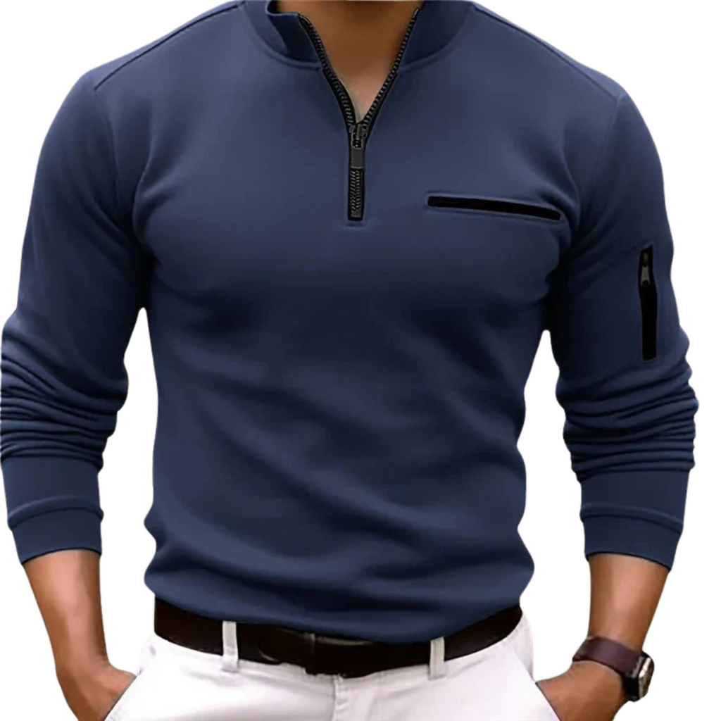 NOUVEAU RICHE Langärmliges Poloshirt Für Herren Mit Viertelreißverschluss Blau
