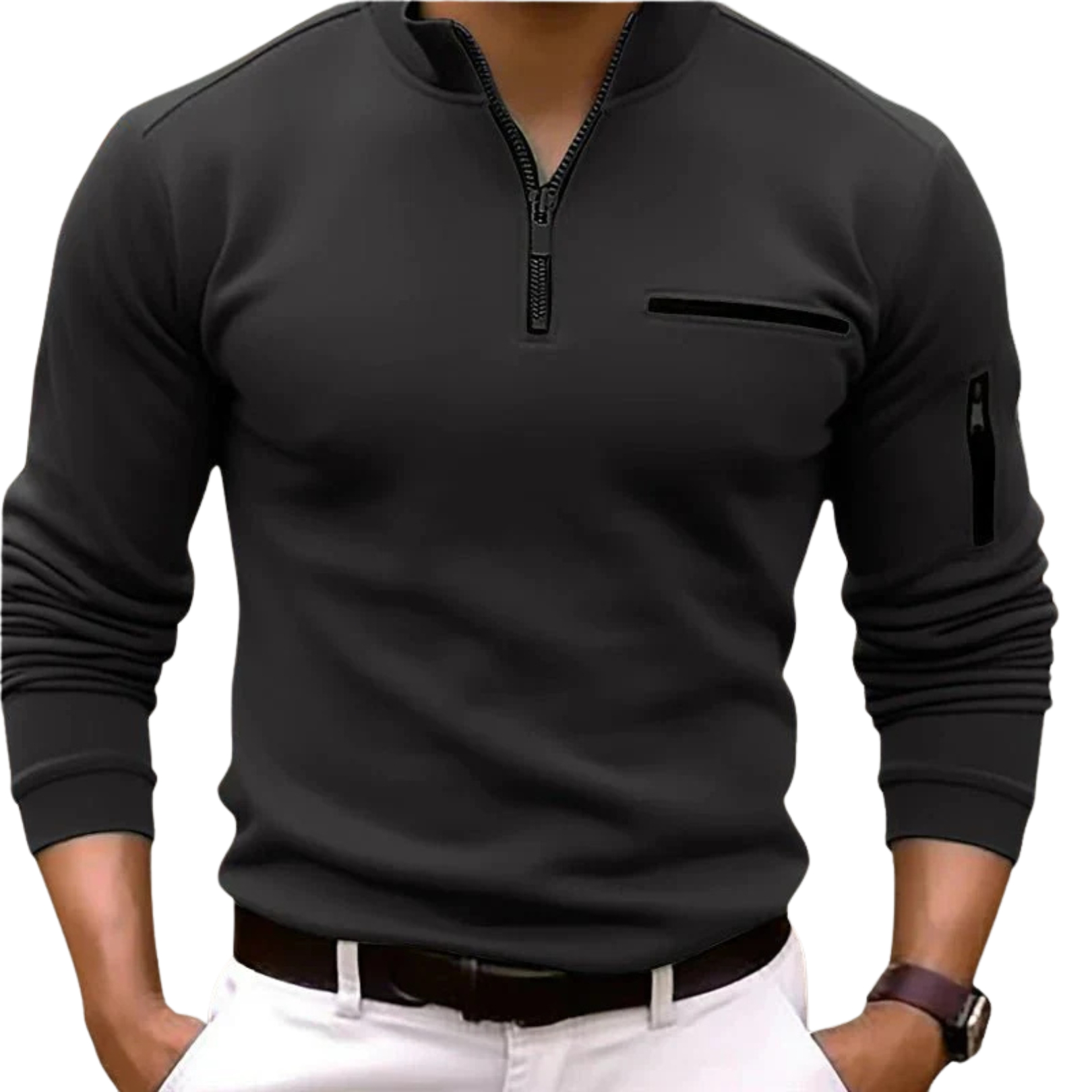 NOUVEAU RICHE Langärmliges Poloshirt Für Herren Mit Viertelreißverschluss Schwarz