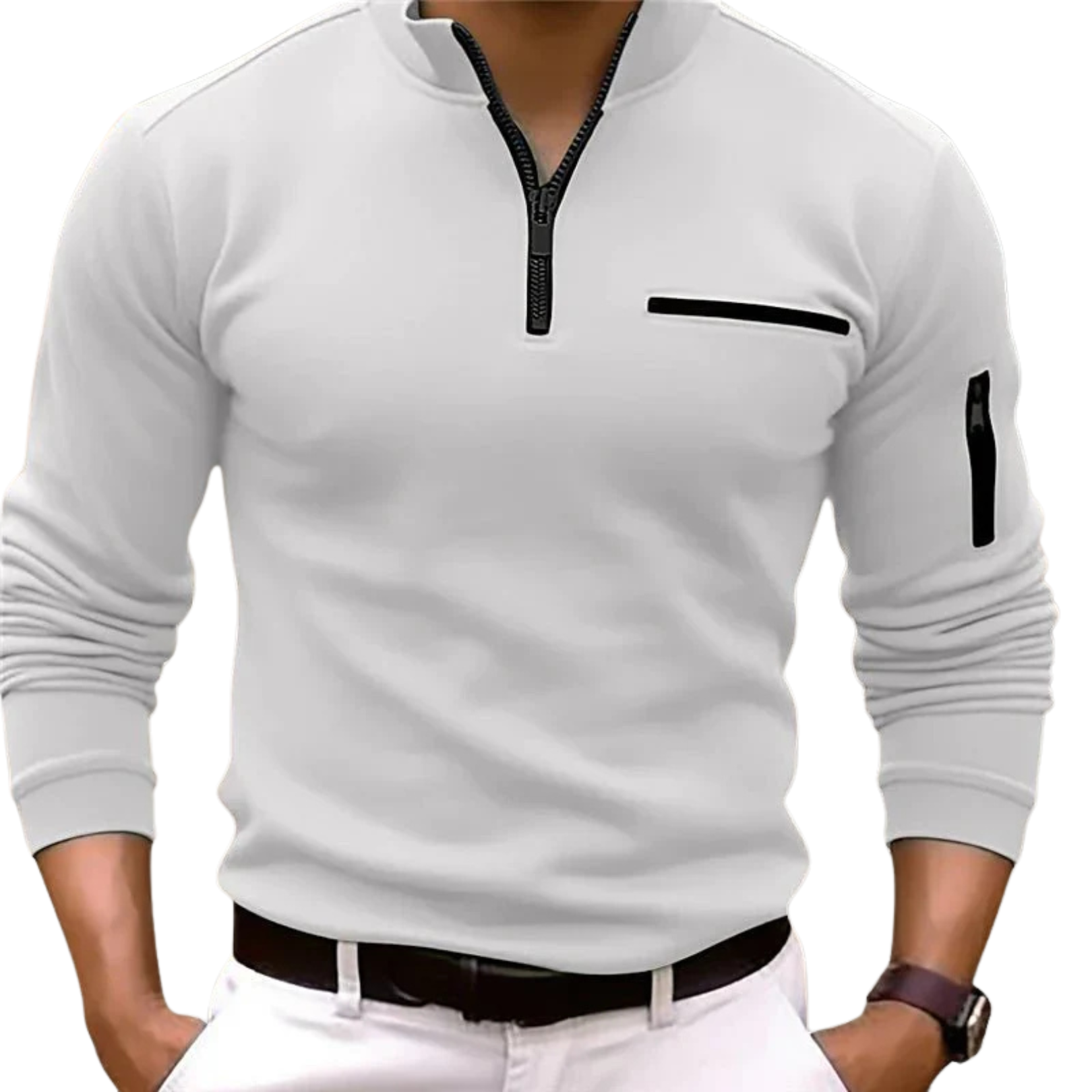 NOUVEAU RICHE Langärmliges Poloshirt Für Herren Mit Viertelreißverschluss Weiß