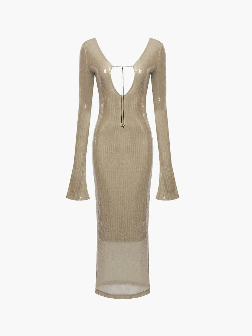 NOUVEAU RICHE Langärmliges Durchsichtiges Hautfarbenes Figurbetontes Kleid Mit Nackten Pailletten Für Elegante Anlässe