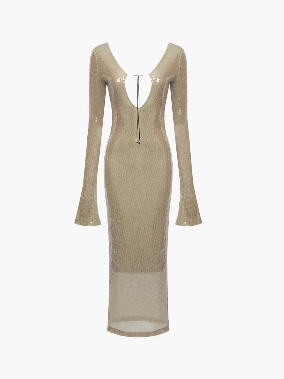 NOUVEAU RICHE Langärmliges Durchsichtiges Hautfarbenes Figurbetontes Kleid Mit Nackten Pailletten Für Elegante Anlässe