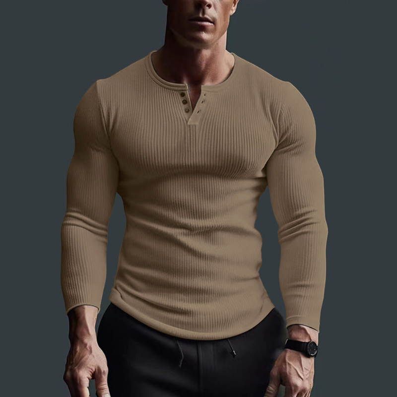NOUVEAU RICHE Langarmshirt Herren figurbetont – Slim Fit Longsleeve mit Rundhals, Basic Shirt, 4 Farben, S–3XL – Admire Khaki
