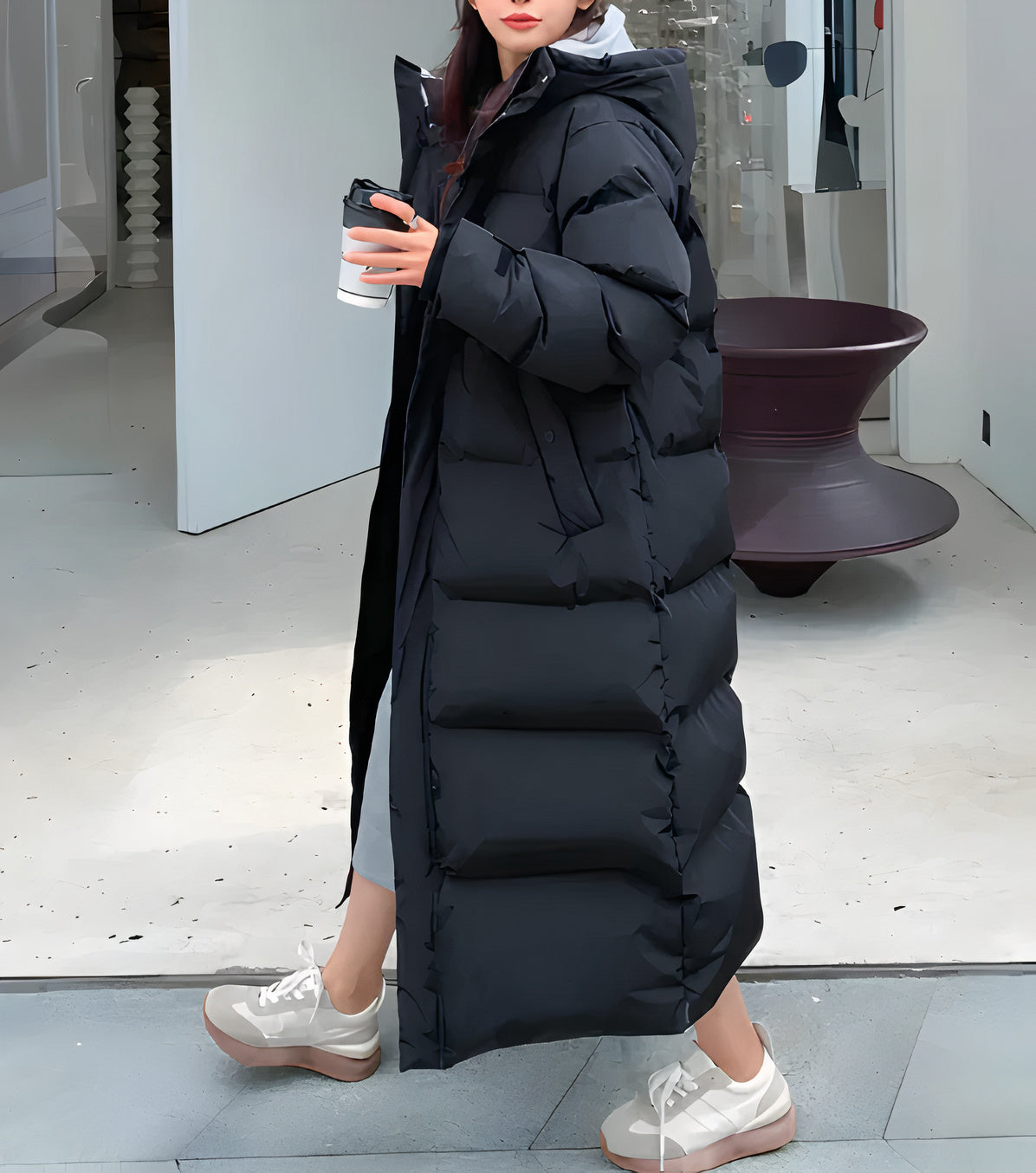 NOUVEAU RICHE Lange Jacke Wasserdicht Winddicht Kapuze Taschen Futter Schwarz