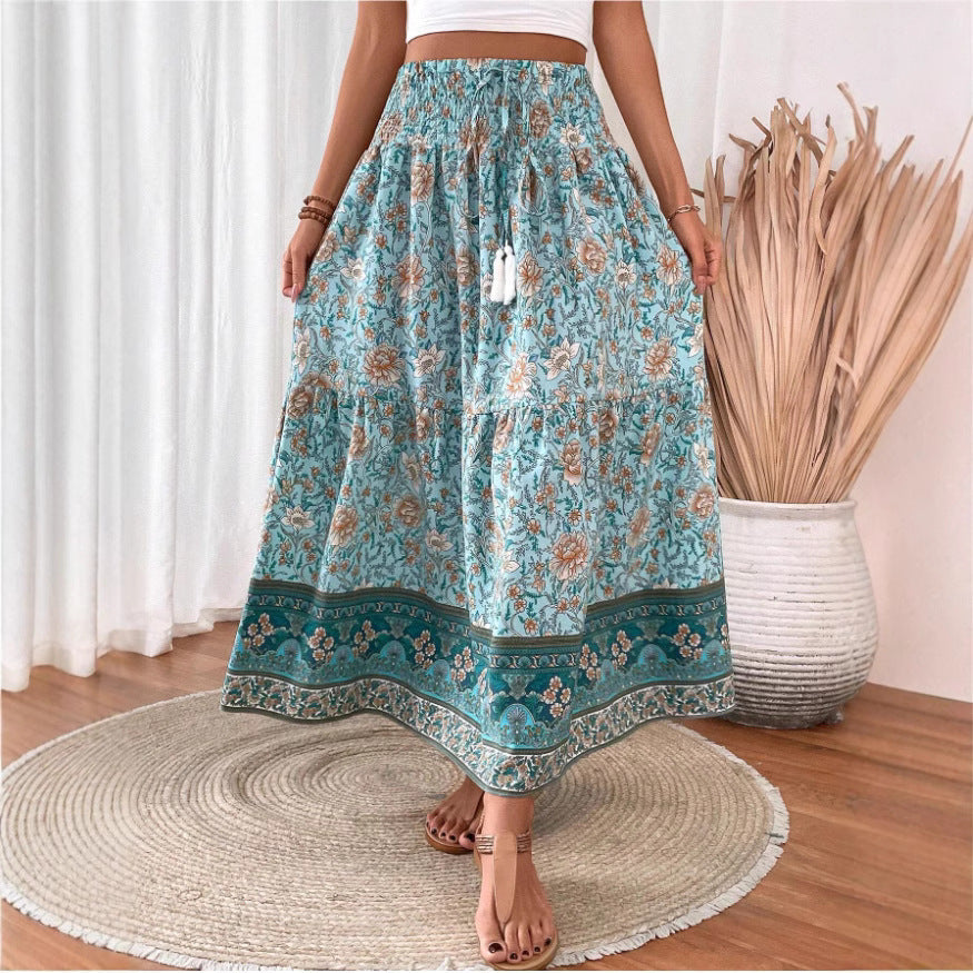 NOUVEAU RICHE Langer Damenrock Gestufte Baumwollmischung Bohemian Blumenmuster Elastischer Bund Mit Quastenbesatz Grün