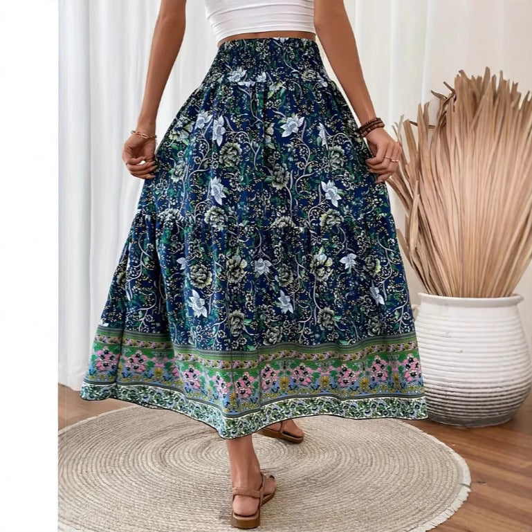 NOUVEAU RICHE Langer Damenrock Gestufte Baumwollmischung Bohemian Blumenmuster Elastischer Bund Mit Quastenbesatz Blau
