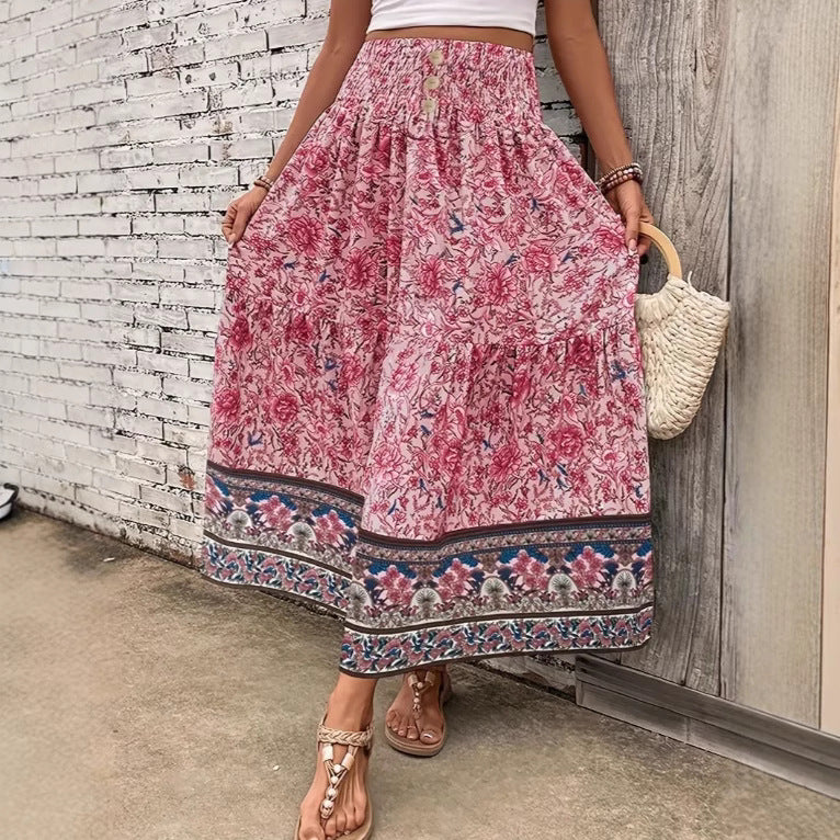NOUVEAU RICHE Langer Damenrock Gestufte Baumwollmischung Bohemian Blumenmuster Elastischer Bund Mit Quastenbesatz Rosa