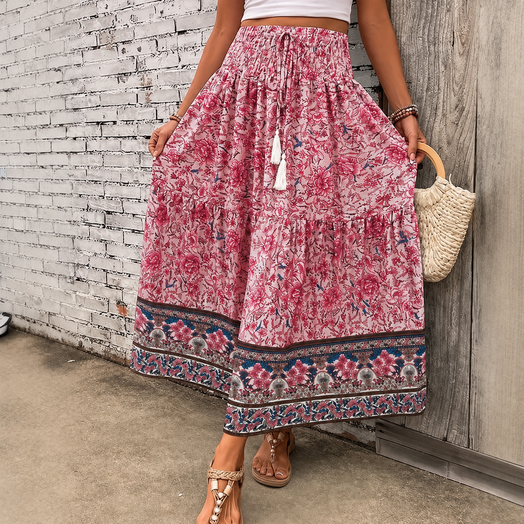 NOUVEAU RICHE Langer Damenrock Gestufte Baumwollmischung Bohemian Blumenmuster Elastischer Bund Mit Quastenbesatz