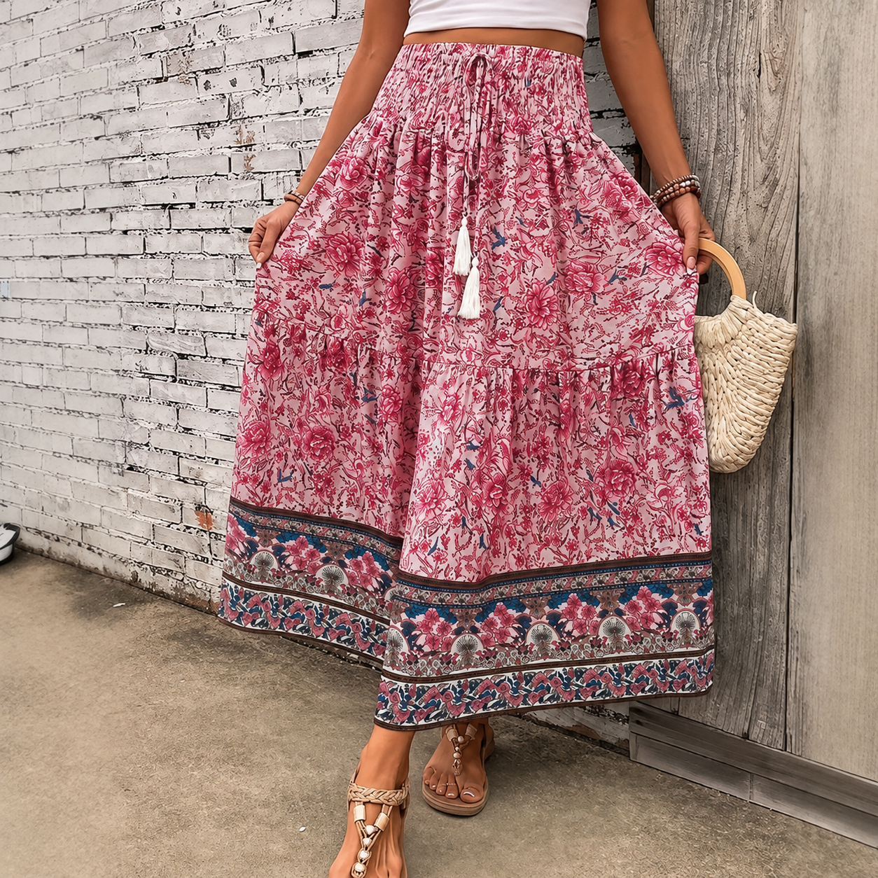 NOUVEAU RICHE Langer Damenrock Gestufte Baumwollmischung Bohemian Blumenmuster Elastischer Bund Mit Quastenbesatz