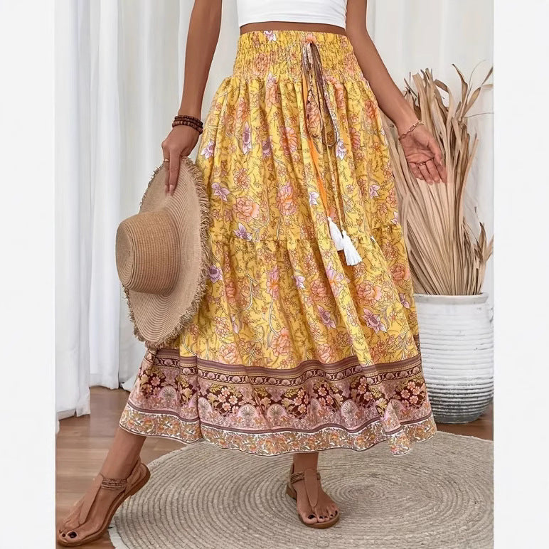 NOUVEAU RICHE Langer Damenrock Gestufte Baumwollmischung Bohemian Blumenmuster Elastischer Bund Mit Quastenbesatz Gelb