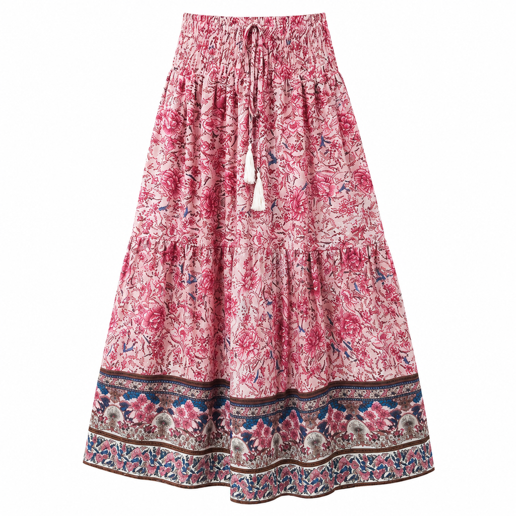 NOUVEAU RICHE Langer Damenrock Gestufte Baumwollmischung Bohemian Blumenmuster Elastischer Bund Mit Quastenbesatz