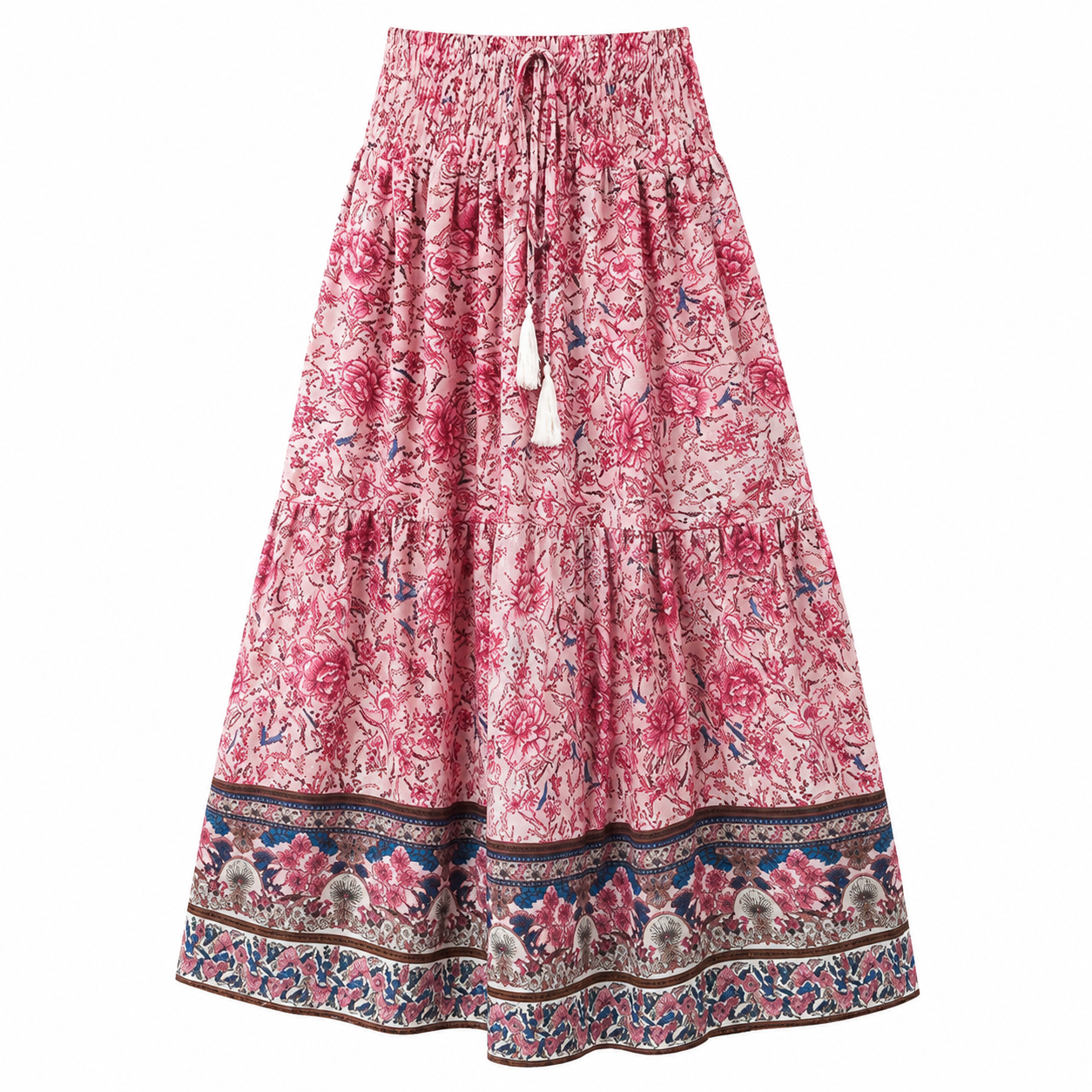 NOUVEAU RICHE Langer Damenrock Gestufte Baumwollmischung Bohemian Blumenmuster Elastischer Bund Mit Quastenbesatz