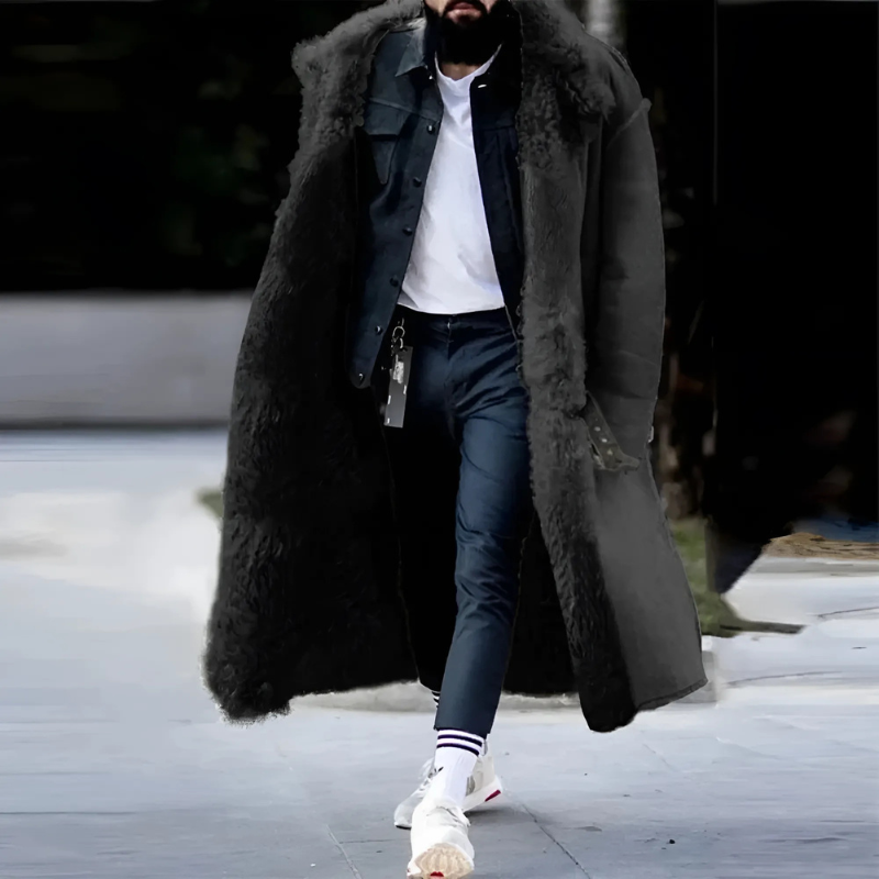 NOUVEAU RICHE Langer Trenchcoat für Herren – Übergroße Passform – Mit Lammfell gefüttert – Isolierte, warme Oberbekleidung Schwarz