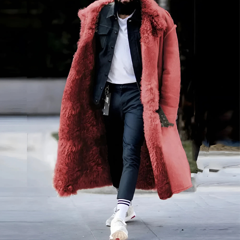 NOUVEAU RICHE Langer Trenchcoat für Herren – Übergroße Passform – Mit Lammfell gefüttert – Isolierte, warme Oberbekleidung Rot