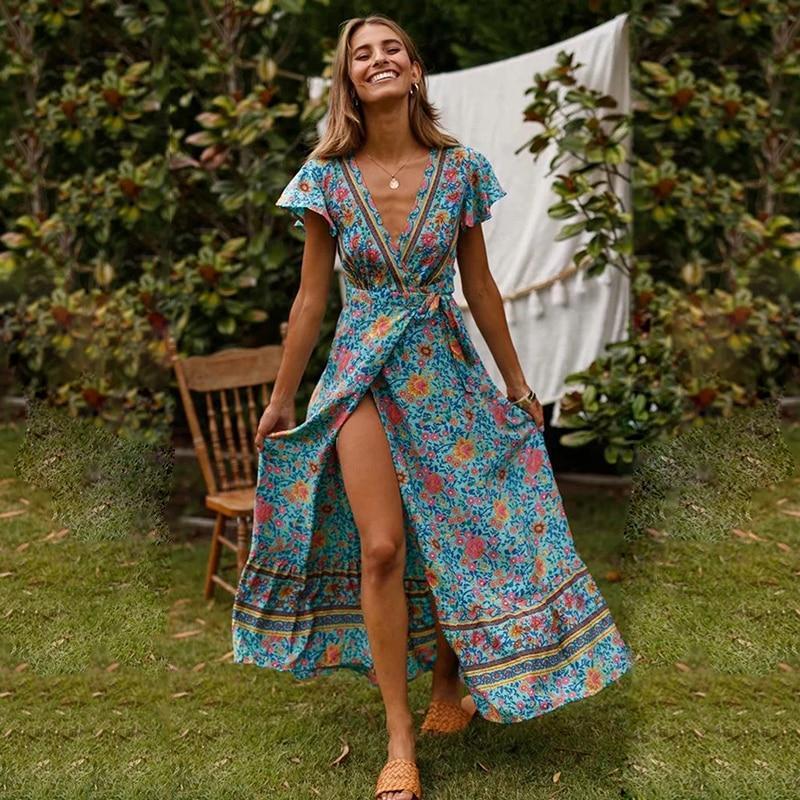 NOUVEAU RICHE Langes Bohème-Kleid Mit U-Ausschnitt Fließender Stoff