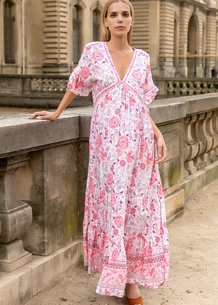 NOUVEAU RICHE Langes Bohemisches Blumenkleid Mit V Ausschnitt Tailliert