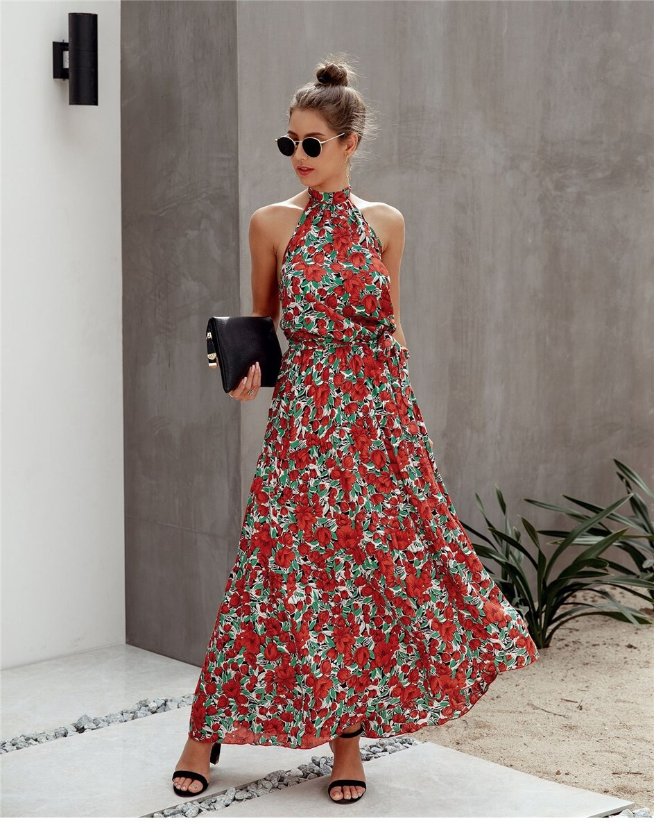 NOUVEAU RICHE Langes Boho Kleid Rot Grün Damen Bohemian Stil Outfit