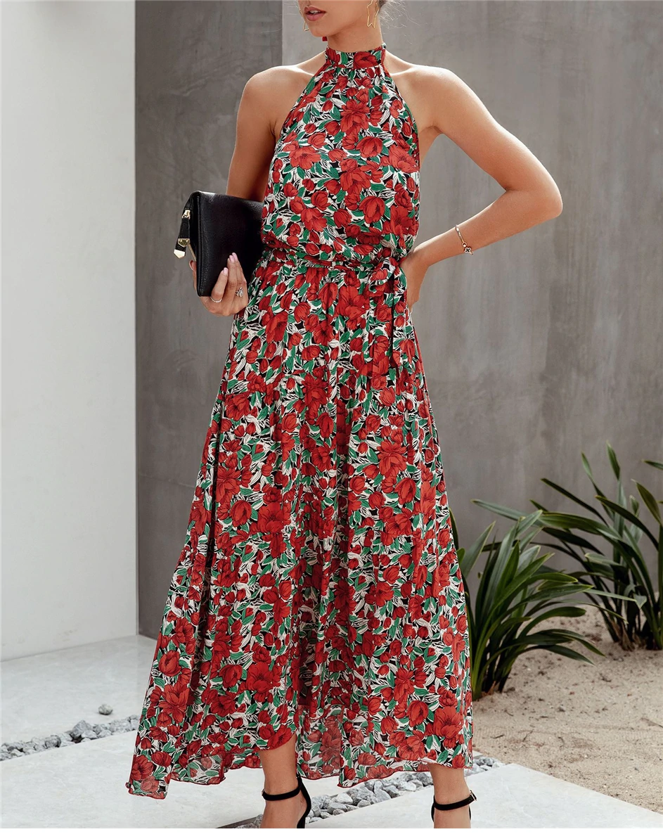 NOUVEAU RICHE Langes Boho Kleid Rot Grün Damen Bohemian Stil Outfit