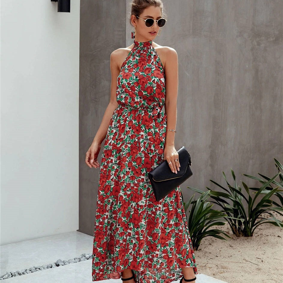 NOUVEAU RICHE Langes Boho Kleid Rot Grün Damen Bohemian Stil Outfit