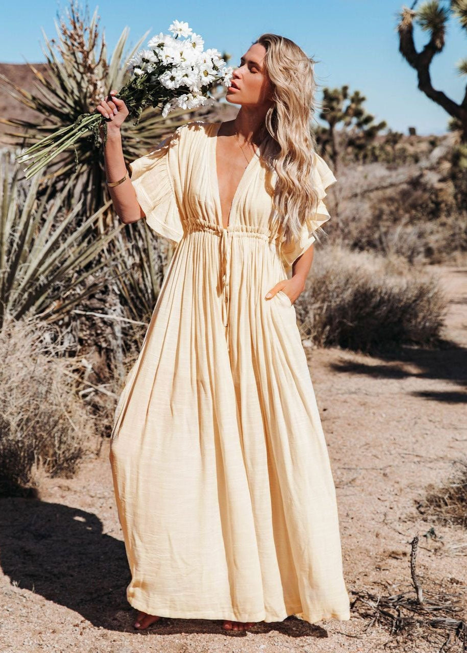 NOUVEAU RICHE Langes Cremefarbenes Boho Kleid Mit Gürtel Tiefer Ausschnitt M