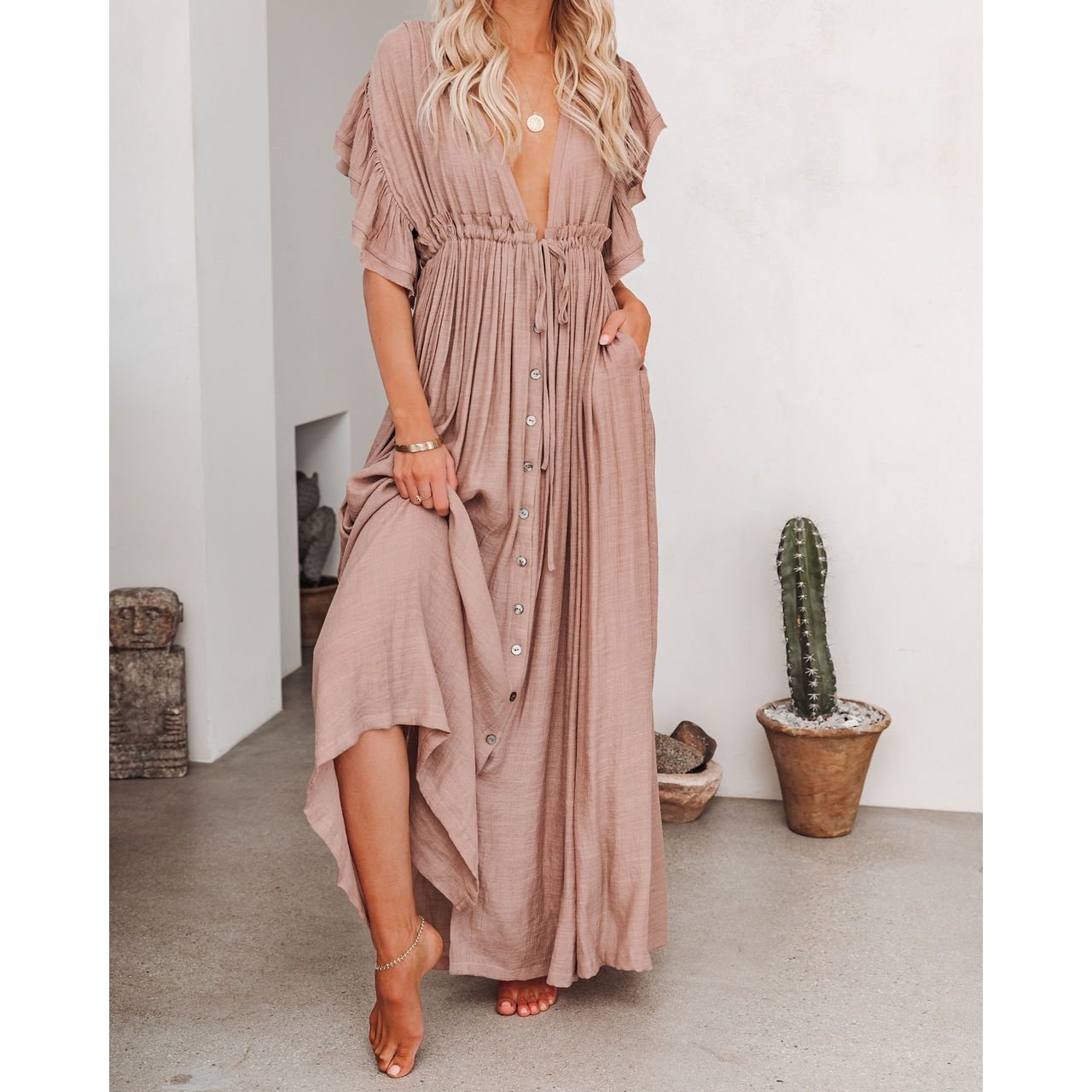 NOUVEAU RICHE Langes Fließendes Bohemian Kleid Sommer Tiefer Ausschnitt