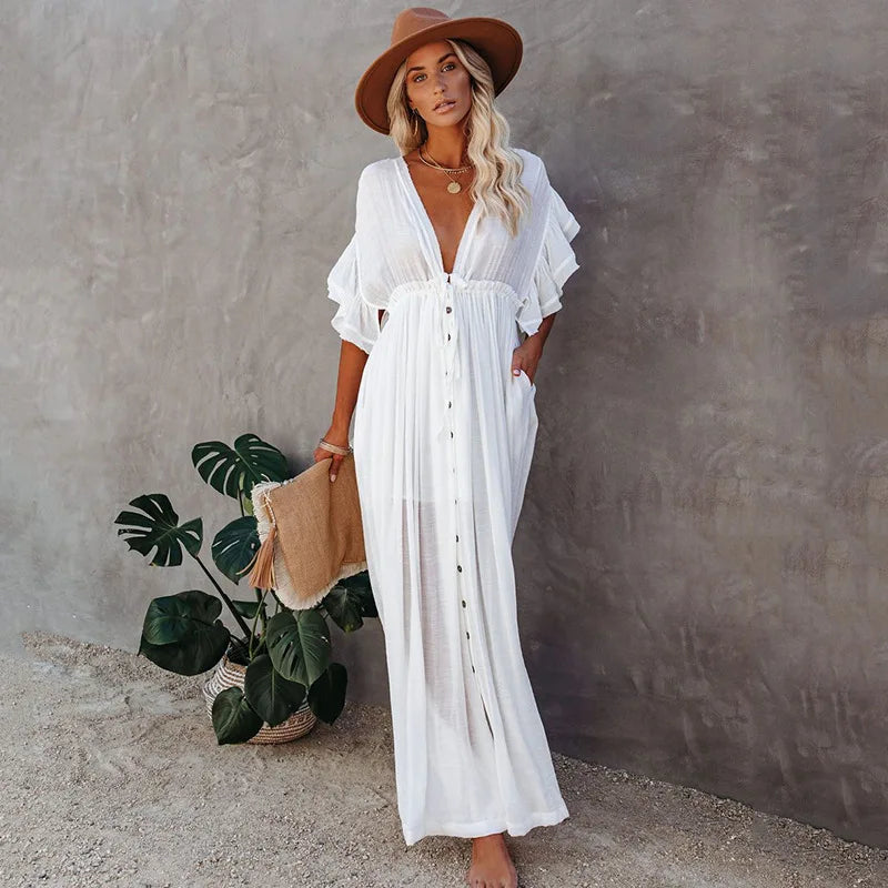 NOUVEAU RICHE Langes Weißes Hippie Kleid Glamouröses Sommerkleid Damen