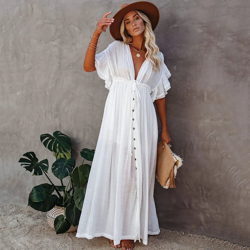 NOUVEAU RICHE Langes Weißes Hippie Kleid Glamouröses Sommerkleid Damen